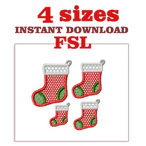 May include: Four embroidered Christmas stockings in red, white, and green. The stockings are in different sizes, with a white cuff and green heel and toe. The image includes the text "4 sizes" and "Instant Download FSL".