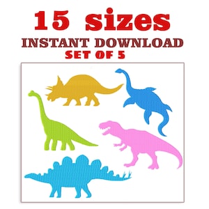 May include: Set of five dinosaur silhouette embroidery designs in various colors, including green, blue, yellow, and pink. The text "15 sizes INSTANT DOWNLOAD SET OF 5" is displayed above the designs.