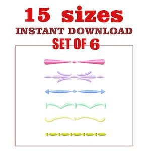 Pode incluir: Conjunto de 6 desenhos de bordado com diferentes linhas decorativas em rosa, roxo, azul, verde, amarelo e dourado. Os desenhos estão disponíveis em 15 tamanhos. DOWNLOAD INSTANTÂNEO CONJUNTO DE 6