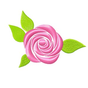 May include: Embroidered pink rose with green leaves on a white background. The rose is in full bloom, with detailed stitching creating a realistic appearance. The leaves are a bright green, adding contrast.