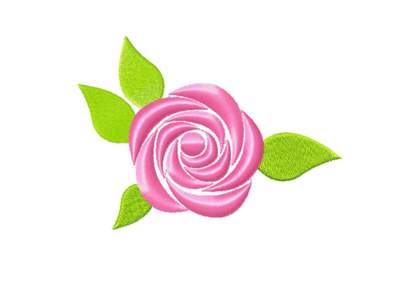 May include: Embroidered pink rose with green leaves on a white background. The rose is in full bloom, with detailed stitching creating a realistic appearance. The leaves are a bright green, adding contrast.
