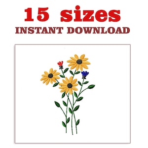May include: An embroidery design featuring a bouquet of yellow flowers with red and blue accents. The design is available in 15 sizes and is an instant download.