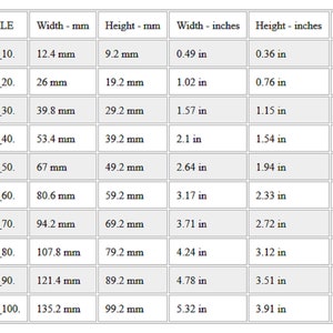May include: A table of measurements for a product, with columns for file name, width and height in millimeters and inches, and the number of stitches. The first entry shows a width of 0.49 inches and a height of 0.36 inches.