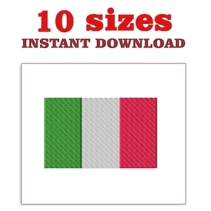 Può includere: Una bandiera italiana ricamata con strisce verticali verdi, bianche e rosse. Il testo "10 dimensioni DOWNLOAD IMMEDIATO" è visualizzato in rosso sopra la bandiera.
