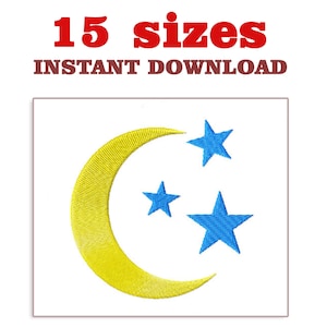 May include: A yellow crescent moon with three blue stars, a design for embroidery.