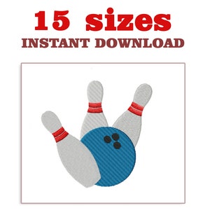 Könnte beinhalten: Ein Stickmuster mit drei Bowling-Pins und einer Bowlingkugel. Die Bowling-Pins sind weiß mit roten Streifen und die Bowlingkugel ist blau mit drei schwarzen Löchern.