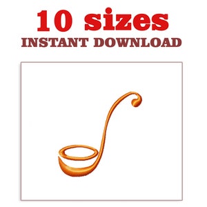 May include: An orange embroidery design of a ladle, a kitchen utensil used for serving soup or other liquids.