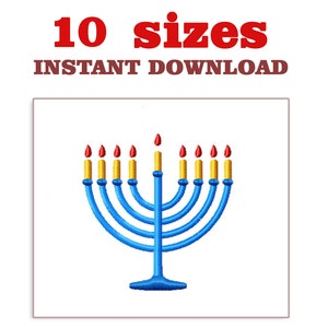 May include: A blue menorah with nine yellow candles and red flames. The menorah is on a white background. 10 sizes INSTANT DOWNLOAD.
