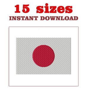 May include: Embroidered Japanese flag design with a red circle on a white background. The text "15 sizes" and "INSTANT DOWNLOAD" are displayed above the flag in red and brown fonts.