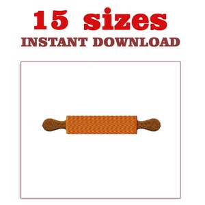 Puede incluir: Un diseño de bordado de un rodillo de madera marrón con una superficie texturizada. El texto sobre la imagen dice 15 sizes e INSTANT DOWNLOAD. El rodillo presenta un cuerpo cilíndrico con dos mangos redondeados en cada lado.