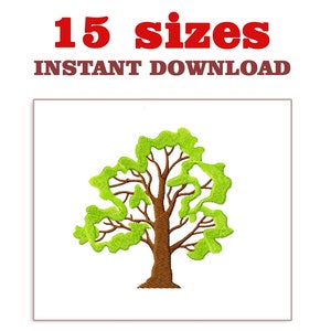 May include: An embroidered tree design with a brown trunk and light green leaves. The text "15 sizes" and "INSTANT DOWNLOAD" are in red and brown, respectively, at the top of the image. The tree is centered on a white background.