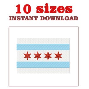 May include: An image of the Chicago city flag, featuring a white background with two light blue horizontal stripes and four red stars. The text "10 sizes INSTANT DOWNLOAD" is displayed above the flag.