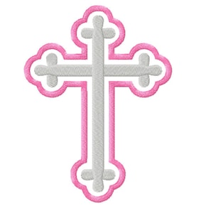 May include: A white cross with a pink outline. The cross has a traditional design with rounded edges and a slightly raised center.
