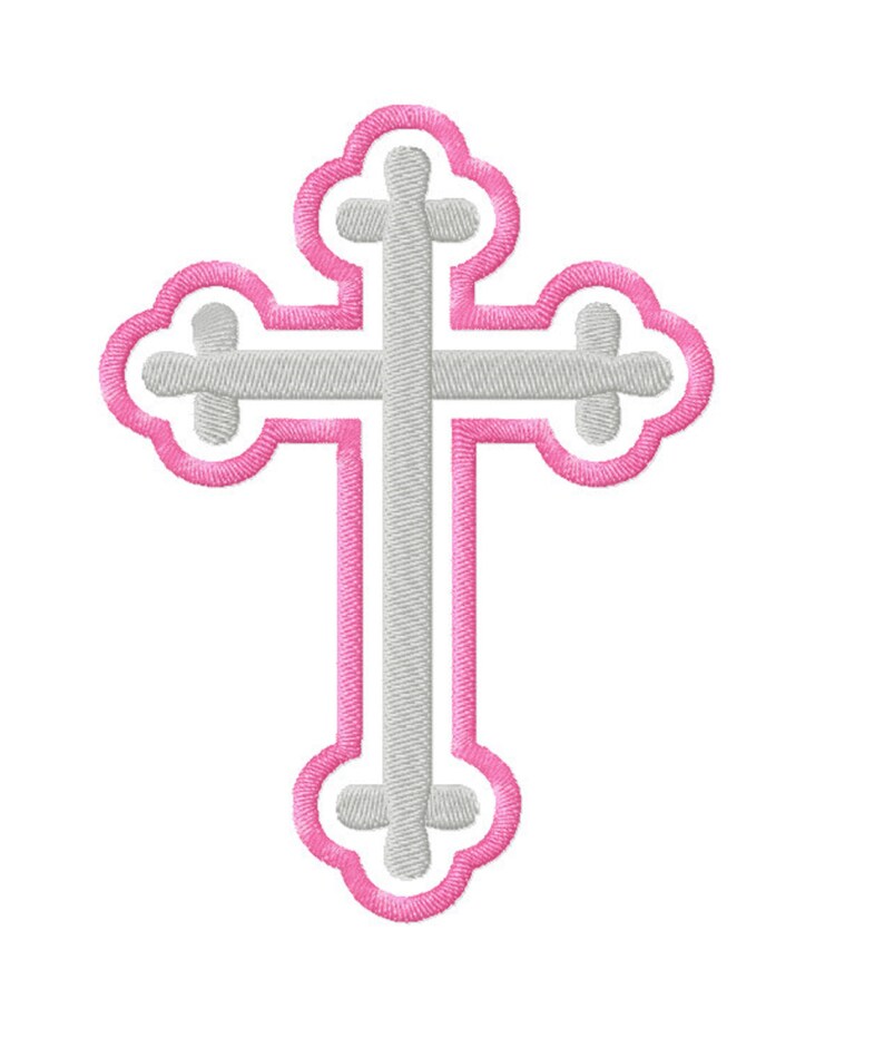 May include: A white cross with a pink outline. The cross has a traditional design with rounded edges and a slightly raised center.