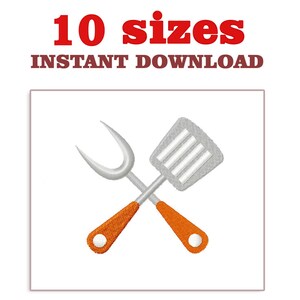 May include: An embroidered design featuring a crossed barbecue fork and spatula with orange handles. The text "10 sizes INSTANT DOWNLOAD" is displayed above the image. This design is suitable for embroidery projects.