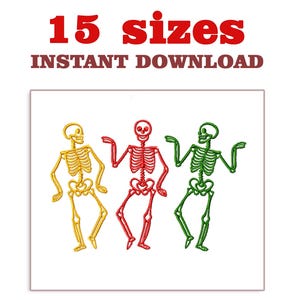 May include: Three skeletons dancing, one is red, one is yellow, and one is green.  The skeletons are outlined in black.