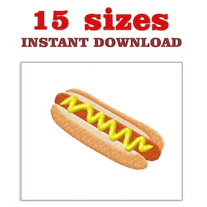 May include: An embroidered hot dog with yellow mustard on a white background. The text "15 sizes" and "INSTANT DOWNLOAD" are in red and brown, respectively, at the top of the image. The hot dog is a light brown color.