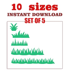 May include: A digital illustration of green grass designs in various sizes. The image includes the text "10 sizes, instant download, set of 5" in red and brown fonts. The grass designs are arranged in a rectangular frame.
