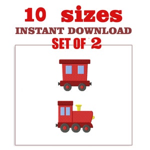 Könnte beinhalten: Set aus zwei roten Zugstickereien, eine ist ein Güterwagen und die andere eine Lokomotive. Die Designs sind in 10 Größen zum sofortigen Download verfügbar.