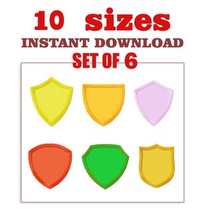 May include: Set of six embroidery designs of shields in various colors, including yellow, orange, pink, red, green, and light blue. The designs are available in 10 sizes and are for instant download.