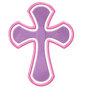 May include: A purple cross with a pink outline. The cross has a rounded shape and is a religious symbol.