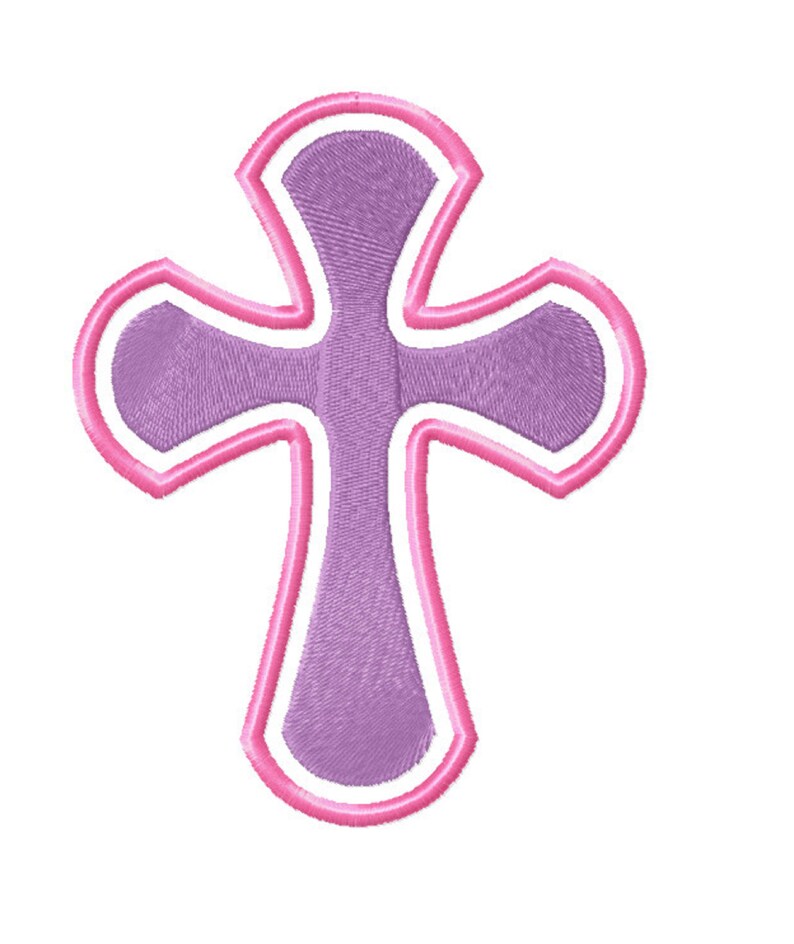 May include: A purple cross with a pink outline. The cross has a rounded shape and is a religious symbol.