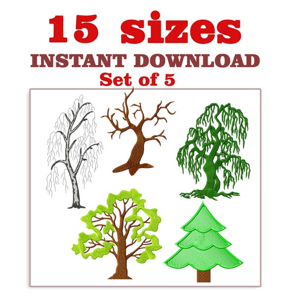 Tree Embroidery Design file, set of 5 - Birch tree, Christmas Tree, Dead tree, Oak tree, Willow tree