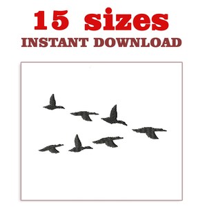 May include: Black and white embroidery design of a flock of birds flying in formation. The design is suitable for use on clothing, home decor, and other crafts.