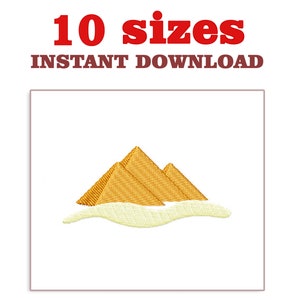 May include: An embroidery design of three yellow pyramids with a white wave underneath, representing the Egyptian desert. The design is available in 10 sizes for instant download.