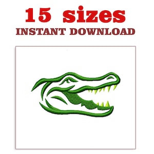 May include: Green alligator head embroidery design with open mouth and sharp teeth. The image includes the text "15 sizes" and "Instant Download" in red and brown, respectively. The design is on a white background.