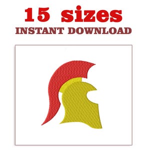 May include: An embroidered design of a yellow and red Spartan helmet. The image includes the text "15 sizes" and "INSTANT DOWNLOAD" in red and brown, respectively, at the top of the image.