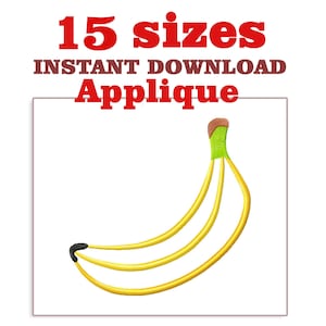 Può includere: Un disegno di ricamo digitale di una banana gialla con un gambo verde. Il design è disponibile in 15 dimensioni ed è scaricabile istantaneamente. Il testo "15 dimensioni Download istantaneo Applique" è sopra la banana.