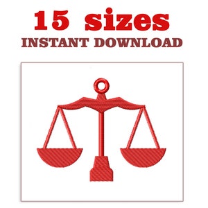 May include: Red scale of justice embroidery design. 15 sizes included. Instant download.