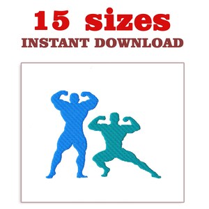 May include: Two blue and teal silhouette figures of people flexing their biceps. The figures are in a white square on a white background. The text "15 sizes" is in red above the square and "INSTANT DOWNLOAD" is in brown below the square.
