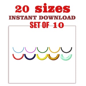 Puede incluir: Imagen con el texto "20 tamaños, DESCARGA INSTANTÁNEA, CONJUNTO DE 10". La imagen muestra diez formas curvas y coloridas en una fila, incluyendo azul, morado, verde, amarillo y dorado. Las formas están dispuestas sobre un fondo blanco.