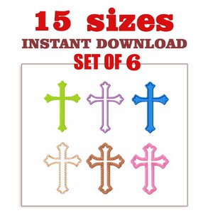 Pode incluir: Conjunto de seis desenhos de bordado de cruzes em diferentes cores: verde, roxo, azul, marrom, branco e rosa. Os desenhos estão disponíveis em 15 tamanhos. Download instantâneo.