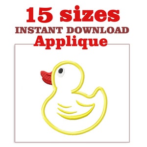 Puede incluir: Diseño de bordado de aplique de pato de goma amarillo. 15 tamaños incluidos. Descarga instantánea.