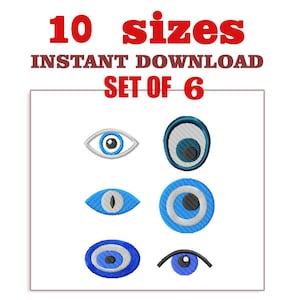 May include: Six embroidered eye designs in different shapes and sizes, with blue, white, and black colours. The text "10 sizes" and "Instant Download Set of 6" is displayed in red and brown.