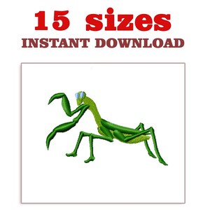 May include: An embroidered design of a green praying mantis with blue eyes, set against a white background. The text "15 sizes" and "INSTANT DOWNLOAD" are in red and brown, respectively, at the top.