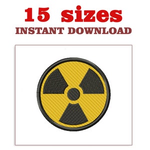 Pode incluir: Design de bordado de símbolo de radiação amarelo e preto. Este download digital inclui 15 tamanhos do design.