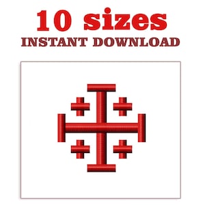 May include: Red Jerusalem cross embroidery design with the text "10 sizes INSTANT DOWNLOAD" in red and brown. The cross is centered on a white background.