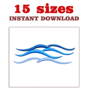 May include: An embroidery design of three blue waves, with the text "15 sizes" and "INSTANT DOWNLOAD" above the design.