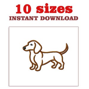 May include: An embroidered design of a dachshund dog in brown thread on a white background. The text "10 sizes" and "INSTANT DOWNLOAD" is in red and brown, respectively, at the top of the image.