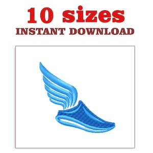 Puede incluir: Diseño de bordado de zapatilla de correr con alas azules. Este diseño de bordado digital está disponible en 10 tamaños para descarga instantánea.