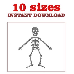 May include: A gray skeleton illustration with a smiling face, arms outstretched, and legs slightly apart. The text "10 sizes" in red and "INSTANT DOWNLOAD" in brown is at the top.