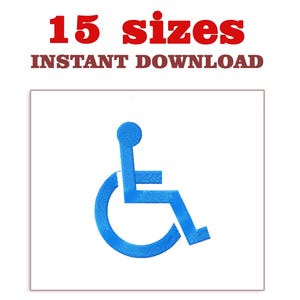 May include: A blue wheelchair symbol on a white background, with the text "15 sizes INSTANT DOWNLOAD" in red and brown. The wheelchair icon is a stylized representation of a person in a wheelchair.