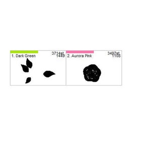 May include: A white background with a design layout featuring a dark green section with leaf shapes, a black leaf shape, and a black rose shape. The text includes "1. Dark Green" and "2. Aurora Pink".