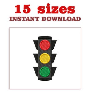 May include: A traffic light illustration with red, yellow, and green lights. The text "15 sizes" and "INSTANT DOWNLOAD" are displayed above the traffic light. The traffic light is black with a textured pattern.