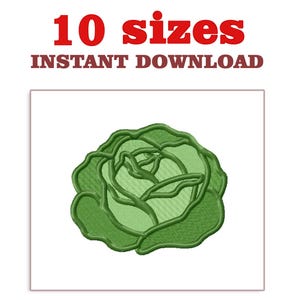 May include: A green embroidered rose design on a white background. The image includes the text "10 sizes" and "INSTANT DOWNLOAD" in red and brown. This design is suitable for embroidery projects.
