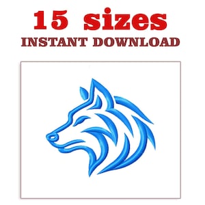 May include: A blue tribal wolf head design on a white background. The image includes the text "15 sizes" in red and "INSTANT DOWNLOAD" in brown. The wolf design is a stylized illustration.